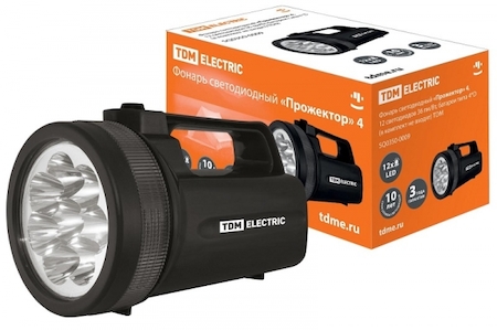 TDM ELECTRIC SQ0350-0009 Фонарь "Прожектор", светодиодный, 12 светодиодов 36 лм/Вт, батареи типа  4*D (в комплект не  входят) TDM